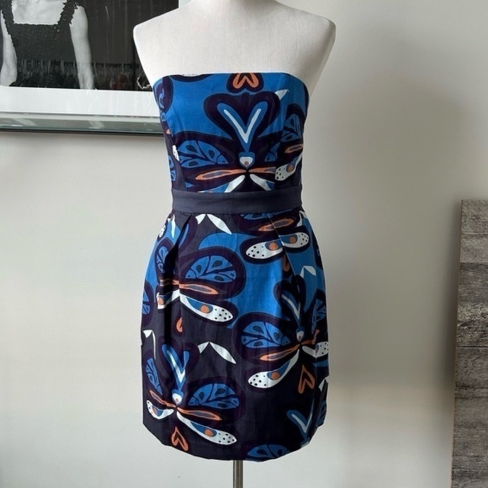 French Connection Strapless Dress with Blue and Black Floral Design